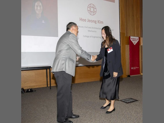 Hee Jeong Kim, an assistant professor with appointments in the departments of civil and architectural engineering and mechanics, materials science and engineering and mining and geological engineering at the University of Arizona College of Engineering.