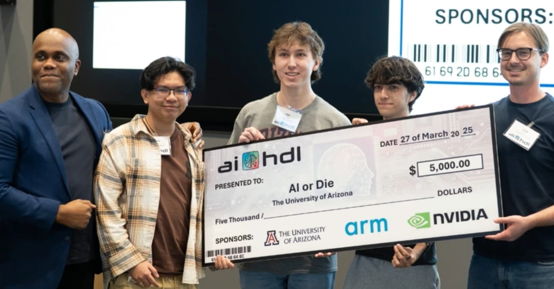 Four students from the team AI or Die hold and oversized check. 