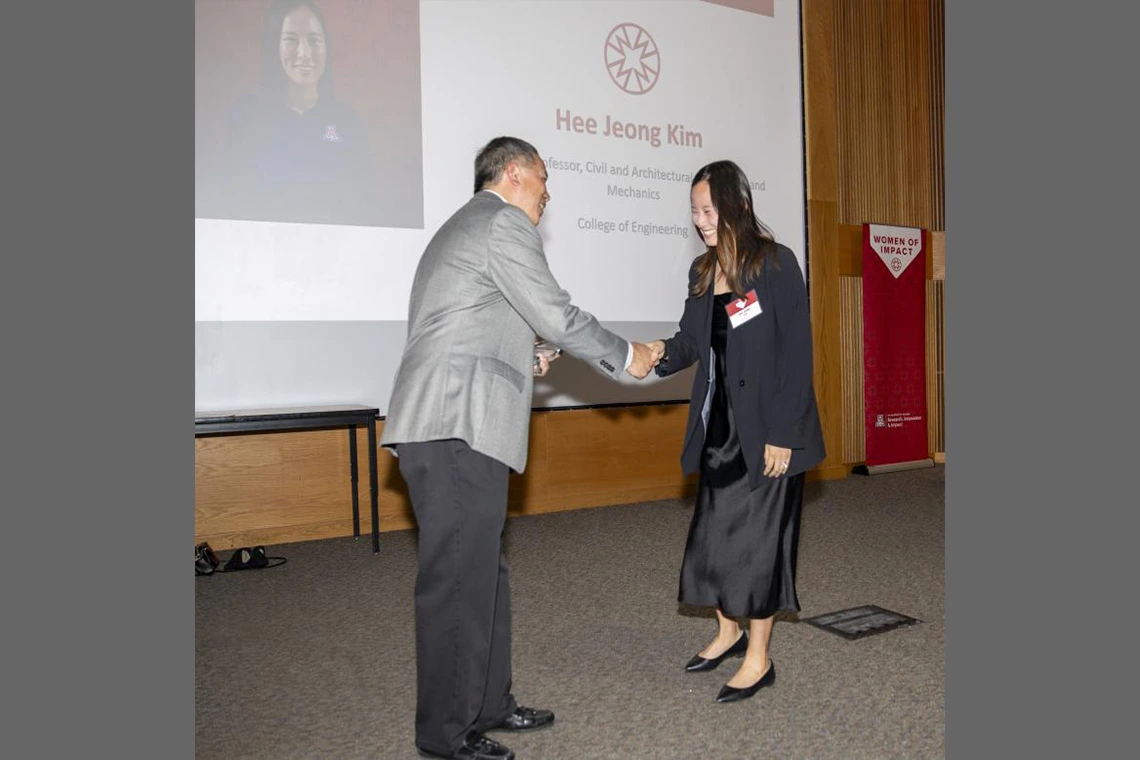Hee Jeong Kim, an assistant professor with appointments in the departments of civil and architectural engineering and mechanics, materials science and engineering and mining and geological engineering at the University of Arizona College of Engineering.